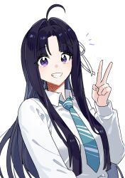 Rule 34 | 1girl, absurdres, ahoge, awa subaru, black hair, blue necktie, collared shirt, commentary request, girls band cry, grin, habsida (habsida hpy), hair ribbon, highres, korean commentary, long hair, necktie, notice lines, open mouth, purple eyes, ribbon, school uniform, shirt, simple background, smile, solo, upper body, v, white background, white ribbon, white shirt