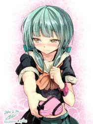 Rule 34 | 10s, 1girl, alternate hairstyle, averting eyes, blush, bow, brown eyes, dated, gift, gin&#039;ichi (akacia), green hair, hair bow, highres, incoming gift, kantai collection, midriff, personification, pov, school uniform, serafuku, skirt, solo, twintails, twitter username, valentine, yuubari (kancolle)