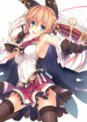 Rule 34 | 10s, 1girl, :d, armpits, bare shoulders, black gloves, black thighhighs, blush, boots, breasts, brown hair, cape, clarisse (granblue fantasy), covered navel, gloves, granblue fantasy, green eyes, hair ribbon, index finger raised, long hair, looking at viewer, nozomi tsubame, open mouth, ponytail, ribbon, sideboob, skirt, smile, solo, thighhighs