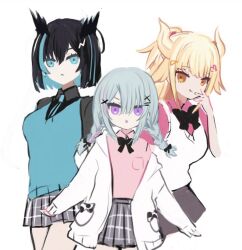 Rule 34 | 3girls, :o, :q, black bow, black hair, blonde hair, blue eyes, blue hair, blue necktie, bow, braid, breasts, brown eyes, character request, closed mouth, collared shirt, grey skirt, hair between eyes, horns, indie virtual youtuber, licking lips, long sleeves, low twintails, medium breasts, multicolored hair, multiple girls, necktie, olda (vtuber), parted lips, pink hair, pink shirt, pleated skirt, purple eyes, school uniform, shiodome oji, shirt, short sleeves, simple background, skirt, sleeves past wrists, smile, streaked hair, sweater vest, tongue, tongue out, twin braids, twintails, virtual youtuber, white background