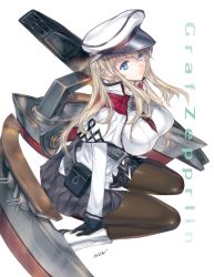 Rule 34 | 10s, 1girl, black pantyhose, blonde hair, blue eyes, blush, breasts, cannon, capelet, female focus, gloves, graf zeppelin (kancolle), hair between eyes, hat, kantai collection, large breasts, long hair, looking at viewer, machinery, min-naraken, miniskirt, necktie, pantyhose, peaked cap, sidelocks, sitting, skirt, solo, tsurime, turret, twintails, uniform, wariza