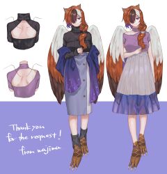 Rule 34 | 1girl, absurdres, animal ears, animal feet, backless outfit, bird legs, bird wings, black sweater, brown hair, brown wings, character sheet, claws, closed mouth, colored inner hair, commission, estelle (cieluscian), feathered wings, full body, hair over one eye, hair over shoulder, half-harpy, high-waist skirt, highres, jewelry, long hair, long skirt, long sleeves, looking at viewer, low-tied long hair, monster girl, multicolored hair, multiple views, necklace, non-web source, original, purple background, purple eyes, purple hair, purple skirt, second-party source, short sleeves, simple background, skeb commission, skirt, sleeves past wrists, smile, standing, streaked hair, sweater, turtleneck, turtleneck sweater, waji, white background, white hair, wings