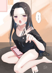 Rule 34 | 1girl, bare legs, barefoot, black shirt, blue hair, blush, breasts, cleavage, commission, fang, feet, forehead, hair ornament, hairclip, half-closed eyes, handheld game console, highres, indoors, looking at viewer, loose clothes, loose shirt, masshirokachi, medium breasts, multicolored hair, no pants, off shoulder, open mouth, original, panties, parted bangs, purple eyes, shirt, short sleeves, signature, skeb commission, soles, solo, sweat, toes, translated, twitter username, two-tone hair, underwear, white panties