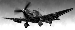 Rule 34 | aircraft, airplane, bomb, bomber, camouflage, cannon, explosive, flying, greyscale, gun, junkers ju 87, machine gun, military, military vehicle, monochrome, no humans, original, sousei ou, vehicle focus, weapon, world war ii