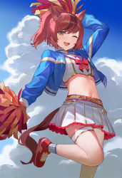 Rule 34 | 1girl, ;d, animal ears, arm up, belt, blue jacket, bow, bowtie, brown eyes, cheerleader, crop top, gold trim, highres, holding, horse ears, horse girl, horse tail, jacket, leg up, long hair, long sleeves, looking at viewer, midriff, miniskirt, multicolored hair, navel, nice nature (run&amp;win) (umamusume), nice nature (umamusume), one eye closed, open clothes, open jacket, open mouth, pleated skirt, pom pom (cheerleading), ponytail, red footwear, red hair, shirt, shoes, skirt, sl86, smile, socks, solo, stomach, streaked hair, tail, thigh strap, umamusume, white shirt, white skirt, white socks