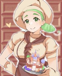 Rule 34 | 1girl, apron, ascot, breasts, brown apron, brown ascot, brown skirt, buttons, cake, chef hat, creatures (company), food, game freak, gloves, green eyes, green hair, hand on own hip, hang peng kong, hat, highres, holding, holding cake, holding food, holding plate, katy (pokemon), large breasts, low side ponytail, mole, mole on cheek, nintendo, plate, pokemon, pokemon sv, puffy short sleeves, puffy sleeves, short sleeves, skirt, spider web print, underbust, waist apron