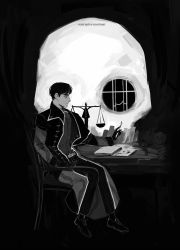 Rule 34 | 1boy, armchair, artist name, ascot, balance scale, belt, black gloves, black hair, book, book stack, chair, closed mouth, coat, daniil dankovsky, expressionless, formal, from side, gloves, greyscale, highres, holding, ink, inkwell, latin commentary, latin text, long sleeves, male focus, monochrome, on chair, open book, pathologic, pathologic 2, short hair, signature, sitting, skull, snakeskin print, solo, table, very short hair, vest, weighing scale, window, yuramoonbow