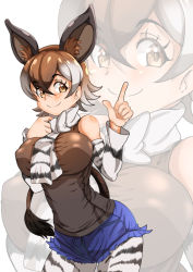 Rule 34 | 1girl, animal ear fluff, animal ears, animal print, bare shoulders, blue shorts, bow, bowtie, breasts, brown hair, brown shirt, closed mouth, covered erect nipples, cowboy shot, cutoffs, detached sleeves, extra ears, giraffe print, grey hair, hair between eyes, hands up, highres, impossible clothes, impossible shirt, index finger raised, kemono friends, large breasts, leaning forward, pantyhose under shorts, looking at viewer, medium hair, multicolored hair, okapi (kemono friends), okapi ears, okapi tail, pantyhose, print sleeves, shirt, short shorts, shorts, solo, tail, tunndererabu, yellow eyes