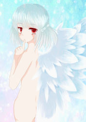 Rule 34 | 1girl, finger to mouth, from behind, gradient background, highres, kishin sagume, lc, looking at viewer, looking back, nude, red eyes, short hair, shushing, single wing, solo, touhou, white hair, wings