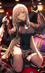 Rule 34 | 1girl, :q, absurdres, arm up, belt, black dress, black thighhighs, blonde hair, blood, blood on clothes, blood on face, blood on leg, blood splatter, breasts, casino, china dress, chinese clothes, cleavage, cleavage cutout, clothing cutout, commentary, dao (weapon), dress, english commentary, fingernails, foreshortening, gun, handgun, high heels, highres, holding, holding gun, holding sword, holding weapon, indoors, jisu lee, large breasts, licking lips, long fingernails, long hair, long sleeves, looking at viewer, original, poker chip, purple eyes, see-through, seiza, side slit, sitting, skindentation, solo, suppressor, sword, thighhighs, tongue, tongue out, very long hair, weapon, yellow footwear