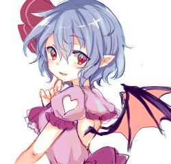 Rule 34 | 1girl, :d, ascot, backless dress, backless outfit, bat wings, blush, bow, clothing cutout, dress, dress bow, frilled sleeves, frills, hair between eyes, hair ribbon, heart cutout, light purple hair, looking at viewer, no headwear, open mouth, paragasu (parags112), pointy ears, puffy short sleeves, puffy sleeves, purple ascot, purple dress, red eyes, red ribbon, remilia scarlet, ribbon, short hair, short sleeves, shoulder cutout, simple background, smile, solo, touhou, upper body, wavy hair, white background, wings