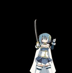 Rule 34 | 10s, 1girl, animated, animated gif, armband, armpits, blue eyes, blue hair, cape, fencing, fortissimo, gloves, hair ornament, hairclip, hangaku, highres, magical girl, mahou shoujo madoka magica, mahou shoujo madoka magica (anime), mahou shoujo madoka magica movie 1 &amp; 2, matching hair/eyes, miki sayaka, musical note, musical note hair ornament, open mouth, parody, short hair, solo, soul gem, sword, team fortress 2, thighhighs, transparent background, weapon, white background, zettai ryouiki