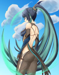 Rule 34 | 1girl, absurdres, aqua eyes, aqua hair, ass, backless outfit, bare back, bare shoulders, blue hair, blue sky, breasts, cloud, cloud retainer (genshin impact), commentary, cowboy shot, day, eiji (kivoltos), elbow gloves, genshin impact, glasses, gloves, grey pants, highres, leggings, long hair, looking at viewer, medium breasts, pants, ponytail, sky, solo, standing, thighs, very long hair, xianyun (genshin impact)