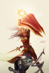 Rule 34 | 2girls, arm guards, armor, breastplate, brown hair, diana (league of legends), fighting, fingerless gloves, gauntlets, gloves, holding, holding sword, holding weapon, league of legends, leona (league of legends), lips, multiple girls, serious, shield, shilin, simple background, solo focus, standing, sword, tiara, weapon, white hair, yellow background