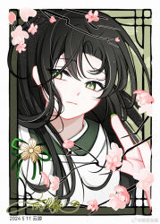Rule 34 | 1boy, bishounen, black hair, border, check copyright, cherry blossoms, closed mouth, copyright request, dated, expressionless, flower, green background, green eyes, green kimono, green nails, haishi zhigu, highres, japanese clothes, kariginu, kimono, light frown, long hair, looking at viewer, male focus, nail polish, original, parted bangs, pink flower, signature, solo, upper body, weibo watermark, white border