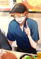 Rule 34 | 2boys, black hat, blue shirt, cashier, closed eyes, food, genshin impact, hair between eyes, hat, highres, male focus, mcdonald&#039;s, multiple boys, open mouth, orange hair, shirt, short hair, smile, tartaglia (genshin impact), teucer (genshin impact), visor cap, yui (linaw-key08)