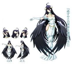 Rule 34 | 1girl, ahoge, albedo (overlord), bare shoulders, black hair, black wings, breasts, character design, character sheet, cleavage, concept art, demon girl, detached collar, dress, expressions, female focus, full body, gloves, hip vent, horns, large breasts, long hair, long legs, low wings, multiple views, off-shoulder dress, off shoulder, official art, overlord (maruyama), simple background, smile, very long hair, white background, white dress, white gloves, wings, yellow eyes