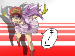 Rule 34 | 1girl, ^ ^, baseball cap, boots, closed eyes, clothes writing, dr. slump, dress, glasses, gloves, grin, hat, head wings, highres, ini (ini tw), long hair, norimaki arale, outstretched arms, purple hair, running, smile, spread arms, winged hat, wings