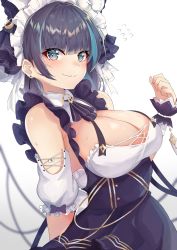 Rule 34 | 1girl, absurdres, arm behind back, azur lane, bare shoulders, black dress, black hair, black ribbon, blue eyes, blue hair, blunt bangs, blush, breasts, cheshire (azur lane), cleavage, closed mouth, cowboy shot, crescent, detached collar, detached sleeves, dress, earrings, flying sweatdrops, hand up, highres, jewelry, large breasts, long hair, maid, maid headdress, meow nyang, multicolored hair, neck ribbon, nervous smile, puffy short sleeves, puffy sleeves, ribbon, short sleeves, simple background, smile, solo, streaked hair, two-tone hair, underbust, wavy mouth, white background