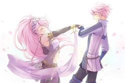 Rule 34 | 1boy, 1girl, ^ ^, bare shoulders, black thighhighs, blue gloves, blush, braid, bridal gauntlets, closed eyes, detached pants, detached sleeves, earrings, fingerless gloves, fire emblem, fire emblem awakening, gloves, grin, hairband, happy, hetero, holding hands, inigo (fire emblem), jewelry, long hair, lots of jewelry, mother and son, nintendo, olivia (fire emblem), open mouth, petals, pink hair, ponytail, shawl, short hair, single earring, smile, swept bangs, takana (srplus), thighhighs, twin braids, very long hair, wavy hair