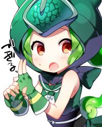 Rule 34 | 10s, 1girl, :o, armpit peek, blush, chameleon tail, cloak, collar, eyelashes, gloves, green gloves, green hair, green sailor collar, green shirt, highres, hood, hooded cloak, kemono friends, looking away, looking to the side, marui shiro, neckerchief, nervous, ninja, no nose, open mouth, outline, panther chameleon (kemono friends), red eyes, sailor collar, shirt, simple background, sleeveless, sleeveless shirt, solo, sweat, tail, translated, tsurime, upper body, white background, white neckerchief, white outline