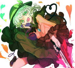 Rule 34 | 1girl, black footwear, black hat, blouse, blush, buttons, collared shirt, commentary request, corded phone, crazy, diamond button, eyeball, foot out of frame, frilled shirt collar, frilled skirt, frilled sleeves, frills, green eyes, green skirt, hat, hat ribbon, heart, heart in eye, heart of string, holding, holding knife, knife, komeiji koishi, light green hair, long sleeves, looking at viewer, medium hair, open mouth, phone, ribbon, shirt, shoes, simple background, skirt, smile, solo, symbol in eye, third eye, touhou, tsukikusa, wavy hair, white background, wide sleeves, yellow ribbon, yellow shirt