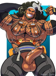 Rule 34 | 1boy, bara, beard, black hair, chest tattoo, dark-skinned male, dark skin, elbow gloves, feet out of frame, from below, full beard, gloves, grin, highres, huge pectorals, large testicles, looking at viewer, male focus, mature male, mauga (overwatch), muscular, muscular male, no male underwear, open fly, overwatch, overwatch 2, pants, penis, smile, solo, standing, strongman waist, tattoo, testicles, thick eyebrows, uncensored, v-taper, veins, veiny penis, warmageragnar