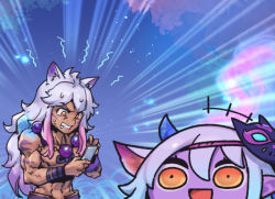 Rule 34 | 1boy, 1girl, :d, angry, animal ears, bead necklace, beads, clenched teeth, collarbone, fox ears, grey hair, holding, holding phone, jewelry, league of legends, long hair, mask, mask on head, unworn mask, muscular, muscular male, navel, necklace, night, open mouth, orange eyes, outdoors, phantom ix row, phone, pointy ears, sett (league of legends), smile, spirit blossom sett, spirit blossom tristana, sweat, teeth, tree, tristana, yordle