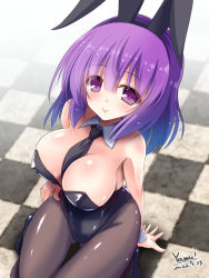 Rule 34 | 1girl, alternate breast size, animal ears, between breasts, black leotard, black necktie, blue hair, blush, bow, bowtie, breasts, cleavage, covered navel, detached collar, fake animal ears, gradient hair, hieda no akyuu, highleg, highleg leotard, highres, large breasts, leotard, looking at viewer, multicolored hair, necktie, necktie between breasts, pantyhose, playboy bunny, purple eyes, purple hair, rabbit ears, shiny clothes, shiny skin, short hair, smile, solo, strapless, strapless leotard, touhou, wrist cuffs, yamu (reverse noise)