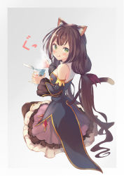 Rule 34 | 1girl, absurdres, animal ear fluff, animal ears, bare shoulders, black hair, blush, breasts, cat ears, cat tail, chocomoch, detached sleeves, food, frilled skirt, frills, green eyes, grey background, highres, holding, holding food, karyl (princess connect!), looking at viewer, low twintails, multicolored hair, nissin cup noodle, princess connect!, simple background, sitting, skirt, small breasts, solo, sound effects, streaked hair, tail, thighhighs, thumbs up, tongue, twintails, zettai ryouiki
