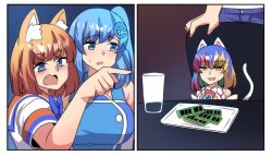 Rule 34 | 1boy, 3girls, :3, animal ear fluff, animal ears, blue eyes, blue hair, blunt bangs, blush, cat ears, cat tail, elbow gloves, fang, firefox (merryweather), fox ears, gloves, google chrome, google chrome (merryweather), hair ornament, half-closed eyes, highres, hinghoi, internet explorer, internet explorer (merryweather), internet explorer (webcomic), long hair, meme, merryweather, mozilla firefox, multicolored eyes, multicolored hair, multiple girls, open mouth, orange hair, pointing, pointing at another, ram (computer), short eyebrows, short hair, short sleeves, side ponytail, sitting, sleeveless, sweatdrop, tail, v-shaped eyebrows, woman yelling at cat (meme)