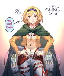 Rule 34 | 1girl, :t, absurdres, belt, blonde hair, blue hairband, cape, closed mouth, commentary, contrapposto, cowboy shot, crossover, djeeta (granblue fantasy), english commentary, granblue fantasy, green cape, hairband, hands on own hips, highres, jacket, looking at viewer, medium hair, open clothes, open jacket, pants, paradis military uniform, pout, runemill, shingeki no kyojin, shirt, solo, squiggle, standing, thigh strap, three-dimensional maneuver gear, white pants, white shirt, yellow jacket