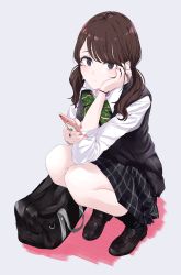Rule 34 | 1girl, absurdres, bag, black bag, black eyes, black footwear, black skirt, black socks, black vest, bow, bowtie, brown hair, collared shirt, commentary request, frown, full body, green bow, green bowtie, grey background, hair ornament, hairclip, hand on own cheek, hand on own face, hands on own face, highres, holding, holding phone, loafers, long hair, long sleeves, looking at viewer, low twintails, miniskirt, nail polish, original, osabe tom, phone, pink nails, plaid, plaid skirt, school uniform, shirt, shoes, skirt, socks, solo, squatting, twintails, vest, watch, white shirt, wristwatch