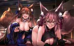 Rule 34 | 2girls, :d, absurdres, all fours, animal ear fluff, animal ears, bare arms, bare shoulders, black dress, black gloves, blue kimono, breasts, brown eyes, brown hair, cleavage, cleavage cutout, clothes pull, clothing cutout, commission, double bun, dress, fang, fate/grand order, fate (series), flats, fox ears, fox girl, fox tail, gloves, groin, hair bun, highres, indoors, japanese clothes, kimono, koyanskaya (chinese lostbelt outfit) (fate), koyanskaya (fate), large breasts, large ears, large tail, long hair, looking at viewer, multiple girls, neonbeat, off shoulder, open mouth, pelvic curtain, pink hair, sleeveless, sleeveless dress, smile, tail, tamamo (fate), tamamo no mae (fate/extra), thighs, twintails, v-shaped eyebrows, wide sleeves, yellow eyes