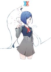 Rule 34 | 10s, 1girl, absurdres, bad id, bad pixiv id, bandaid, bandaid on hand, blue hair, breasts, cat, commentary request, cropped legs, darling in the franxx, green eyes, hair ornament, hair over one eye, hairclip, hand in pocket, highres, ichigo (darling in the franxx), looking at viewer, open mouth, papercraft, q-pra, short hair, small breasts, smile, solo, standing, tail, uniform