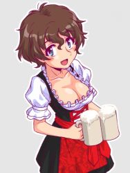 Rule 34 | 1girl, akaboshi koume, alcohol, apron, beer, beer mug, black dress, blue eyes, breasts, brown hair, commentary request, cowboy shot, cup, dirndl, dress, frilled sleeves, frills, german clothes, girls und panzer, grey background, holding, holding cup, looking at viewer, medium breasts, mug, oosaka kanagawa, open mouth, outline, puffy short sleeves, puffy sleeves, red apron, short dress, short hair, short sleeves, simple background, smile, solo, standing, waist apron, waitress, wavy hair, white outline