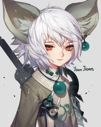 Rule 34 | 1boy, animal ear fluff, animal ears, artist name, bead, blade &amp; soul, bow, brown eyes, brown shirt, closed mouth, green bow, grey background, korean clothes, long sleeves, lyn (blade &amp; soul), male focus, scabbard, scar, scar across eye, scar on face, sheath, sheathed, shirt, short sleeves, simple background, smile, songjikyo, star-shaped pupils, star (symbol), sword, symbol-shaped pupils, upper body, weapon, weapon on back, white hair