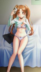 Rule 34 | 1girl, aqua sweater, bed sheet, bedroom, black choker, blush, bra, brown hair, cellphone, choker, clothes lift, collarbone, doukyuusei another world, embarrassed, frilled bra, frilled panties, frills, game cg, gluteal fold, holding, holding phone, indoors, kakyuusei, kanou ryouko, lifted by self, long hair, long sleeves, official art, panties, phone, red eyes, ribbed sweater, selfie, sitting, smartphone, solo, striped bra, striped clothes, striped panties, sweater, sweater lift, thigh gap, twintails, underwear, underwear only, vertical-striped bra, vertical-striped clothes, vertical-striped panties, very long hair