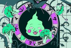 Rule 34 | 1boy, blush stickers, broccoli, ekubo (mob psycho 100), fork, ghost, knife, looking at viewer, male focus, mob psycho 100, myon (tokipi), open mouth, plant, smile, solo, spoon, thorns