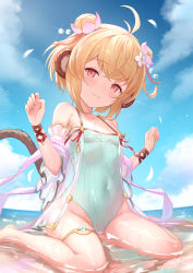 Rule 34 | 1girl, ahoge, andira (granblue fantasy), animal ears, barefoot, blonde hair, blue sky, blush, closed mouth, cloud, covered navel, day, double bun, erune, granblue fantasy, hair bun, highres, kimblee, looking at viewer, monkey ears, monkey tail, ocean, one-piece swimsuit, petals, red eyes, sitting, sky, smile, solo, swimsuit, tail, thighs, wet