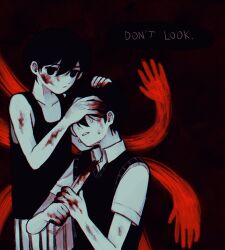 Rule 34 | 2boys, bare arms, black eyes, black hair, black shorts, black sweater vest, black tank top, blood, blood on arm, blood on face, blood on hands, bloody knife, clenched teeth, closed mouth, collarbone, collared shirt, colored skin, crying, dual persona, english text, extra arms, hair behind ear, hair between eyes, hands on another&#039;s head, highres, holding, holding knife, imminent suicide, knife, looking at viewer, multiple boys, no pupils, omo taru, omori, omori (omori), shirt, short hair, short sleeves, shorts, striped clothes, striped shorts, sunny (omori), sweater vest, tank top, teeth, vertical-striped clothes, vertical-striped shorts, white shirt, white shorts, white skin