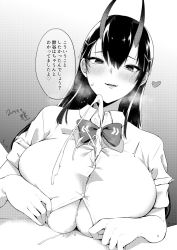 Rule 34 | 1boy, 1girl, azur lane, black hair, blush, breasts, commentary request, cum, dated, dress shirt, ejaculation, gradient background, greyscale, hair between eyes, hair ornament, heart, heavy breathing, highres, horns, kurokawa otogi, large breasts, long hair, looking at viewer, monochrome, oni horns, open mouth, paizuri, paizuri under clothes, shirt, signature, smile, solo focus, speech bubble, suzuya (azur lane), translation request, trembling, white shirt