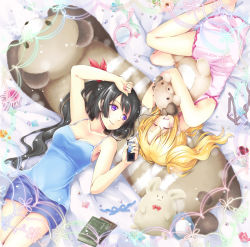 Rule 34 | 2girls, :3, :d, ^ ^, alternate costume, amahane tobari, arm up, barefoot, beads, black hair, blue ribbon, blue shirt, blue shorts, blush, book, book stack, breasts, camisole, casual, cleavage, closed eyes, closed mouth, clover, collarbone, digital media player, dress, earbuds, earphones, flower, four-leaf clover, from above, fushigi na tsuki no yoru no tobari, green ribbon, hair ribbon, hand mirror, holding, long hair, looking at another, lying, medium breasts, mirror, multiple girls, narukaze hina, official art, on back, on side, open mouth, pink dress, pink flower, pink rose, ponytail, purple eyes, red flower, red ribbon, red rose, ribbon, rose, shirt, shorts, sleeveless, sleeveless shirt, smile, striped ribbon, stuffed animal, stuffed penguin, stuffed rabbit, stuffed toy, takana (srplus), teddy bear, twintails, very long hair, | |