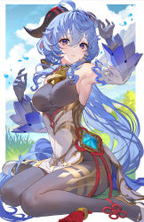 Rule 34 | 1girl, absurdres, ahoge, armpits, bare shoulders, bell, black gloves, blue hair, blue sky, blush, bodystocking, breasts, brown pantyhose, detached sleeves, dress, ganyu (genshin impact), genshin impact, gloves, highres, horns, large breasts, long hair, looking at viewer, pantyhose, parted lips, purple eyes, sidelocks, sitting, sky, solo, teffish, thighs, wariza, white dress