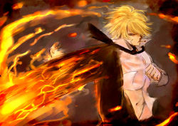 Rule 34 | 1boy, blonde hair, cigarette, collared shirt, diable jambe, epic, fighting stance, fire, formal, hair over one eye, kicking, kito (coyo), male focus, navel, necktie, one piece, sanji (one piece), shirt, short hair, smoking, solo, suit, white shirt