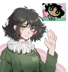 Rule 34 | 1girl, black hair, buttercup (ppg), buttercup redraw challenge (meme), collar, derivative work, frilled collar, frills, green pajamas, hand up, highres, long sleeves, looking at viewer, meme, messy hair, pajamas, powerpuff girls, reference inset, ruian hama, screenshot inset, screenshot redraw, shadow, smile, solo