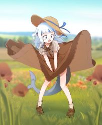 Rule 34 | 1girl, :o, absurdres, alternate costume, blue eyes, blue hair, blue ribbon, blunt bangs, blurry, blurry background, brown footwear, brown skirt, commentary, day, dudul, fins, fish tail, flower, full body, gawr gura, grass, hat, hat ribbon, highres, hololive, hololive english, legs apart, long hair, long skirt, looking away, multicolored hair, open mouth, outdoors, puffy short sleeves, puffy sleeves, ribbon, shark tail, shirt, shoes, short sleeves, skirt, solo, standing, straw hat, streaked hair, tail, two-tone hair, virtual youtuber, white hair, wind, wind lift