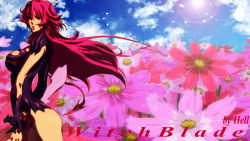 Rule 34 | 00s, 1girl, amaha masane, ass, breasts, cloud, day, facial mark, flower, large breasts, long hair, red hair, sky, solo, sun, very long hair, wind, witchblade