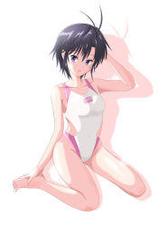 Rule 34 | 1girl, absurdres, antenna hair, barefoot, black eyes, black hair, collarbone, commentary request, competition swimsuit, highleg, highleg swimsuit, highres, idolmaster, kikuchi makoto, looking at viewer, one-piece swimsuit, royalhouse 03, short hair, simple background, sitting, solo, swimsuit, wariza, white background, white one-piece swimsuit
