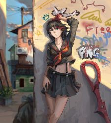 Rule 34 | 10s, 1girl, absurdres, artist name, black hair, blue eyes, blurry, breasts, contrapposto, crop top, crop top overhang, dated, day, depth of field, female focus, gloves, graffiti, hand on own hip, hand on own head, highres, kill la kill, crossed legs, looking at viewer, matoi ryuuko, midriff, multicolored hair, navel, newx, outdoors, plant, red hair, senketsu, single glove, skirt, sky, solo, standing, suspenders, trash bag, utility pole
